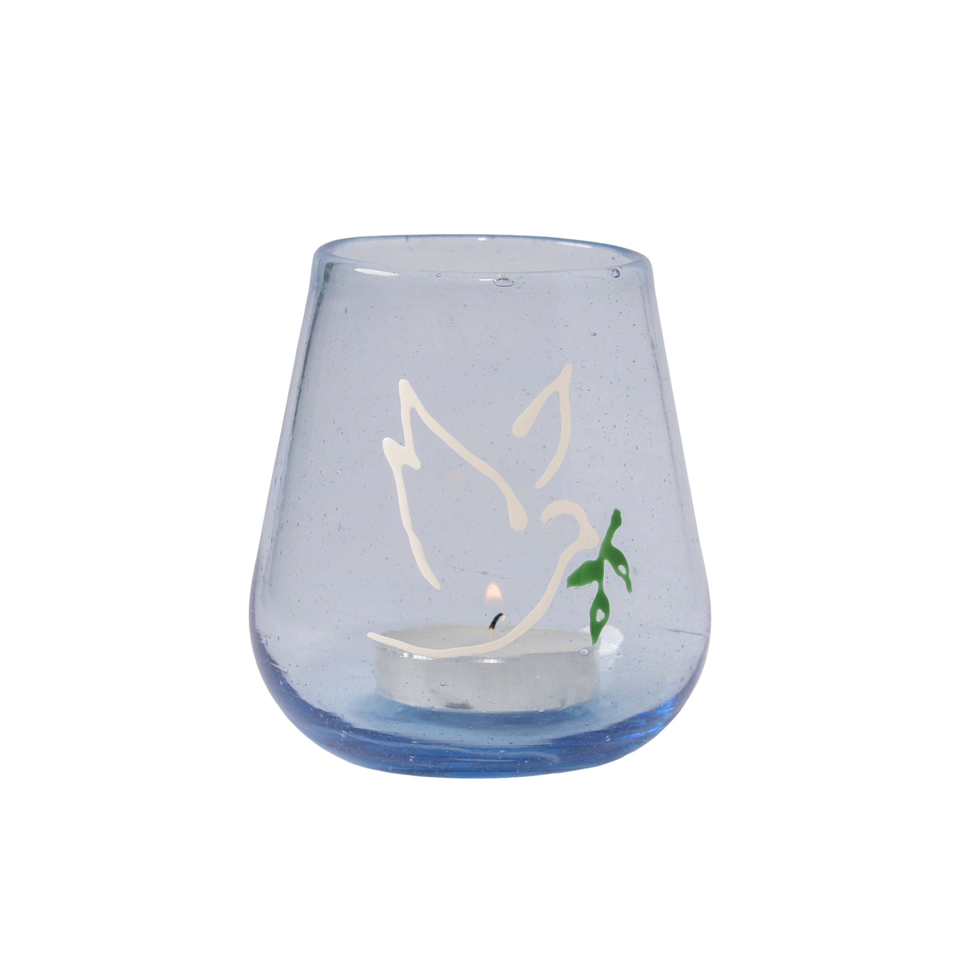 Ice Blue Peace Light with white dove and olive branch. Handmade in Bethlehem from recycled glass