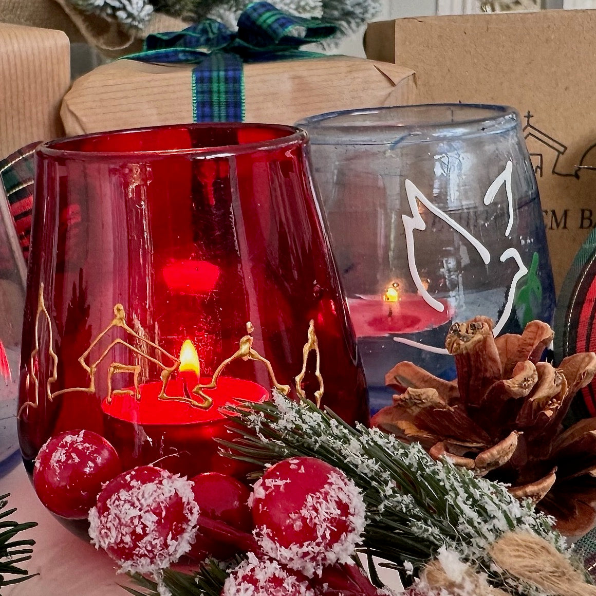 Red glass peace light with Bethlehem skyline