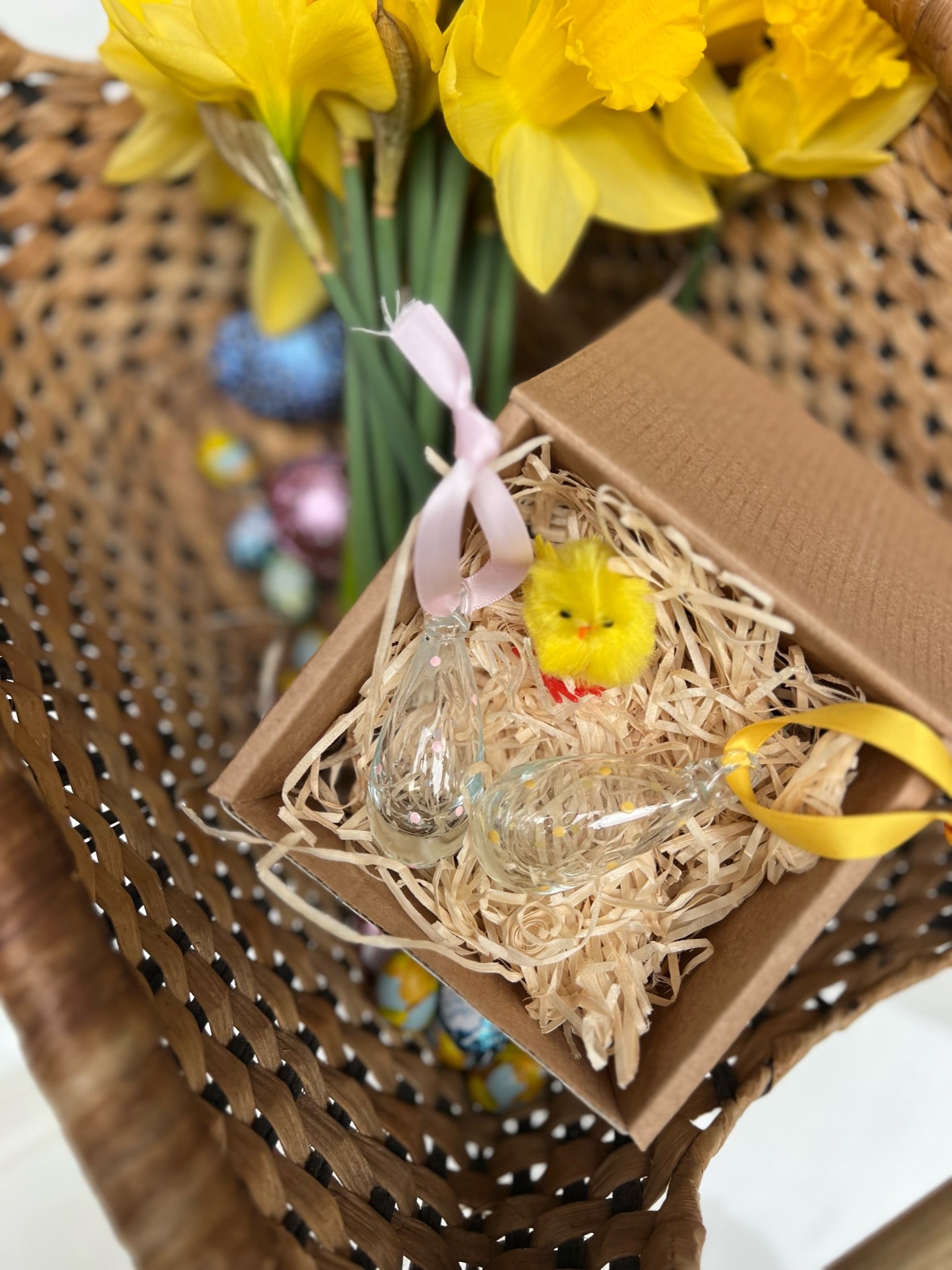 Bethlehem Baubles clear recycled glass Easter Duo Decorations painted with yellow, green and pink spots