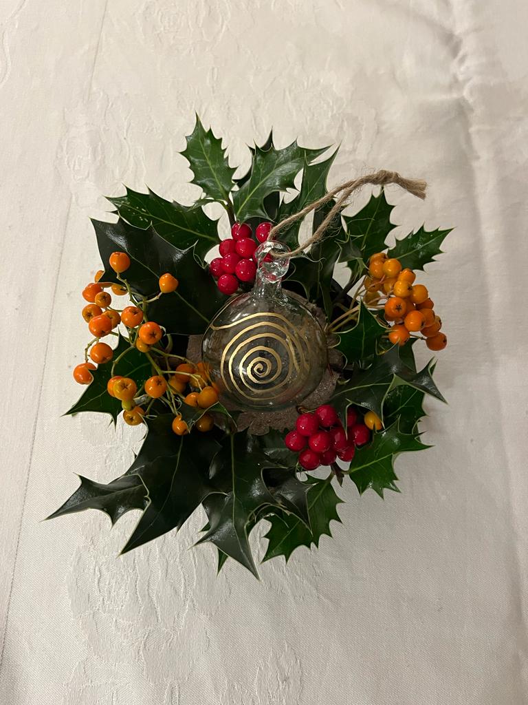 Bethlehem Baubles Clear glass  Christmas Decoration with gold squirl on Christmas wreath