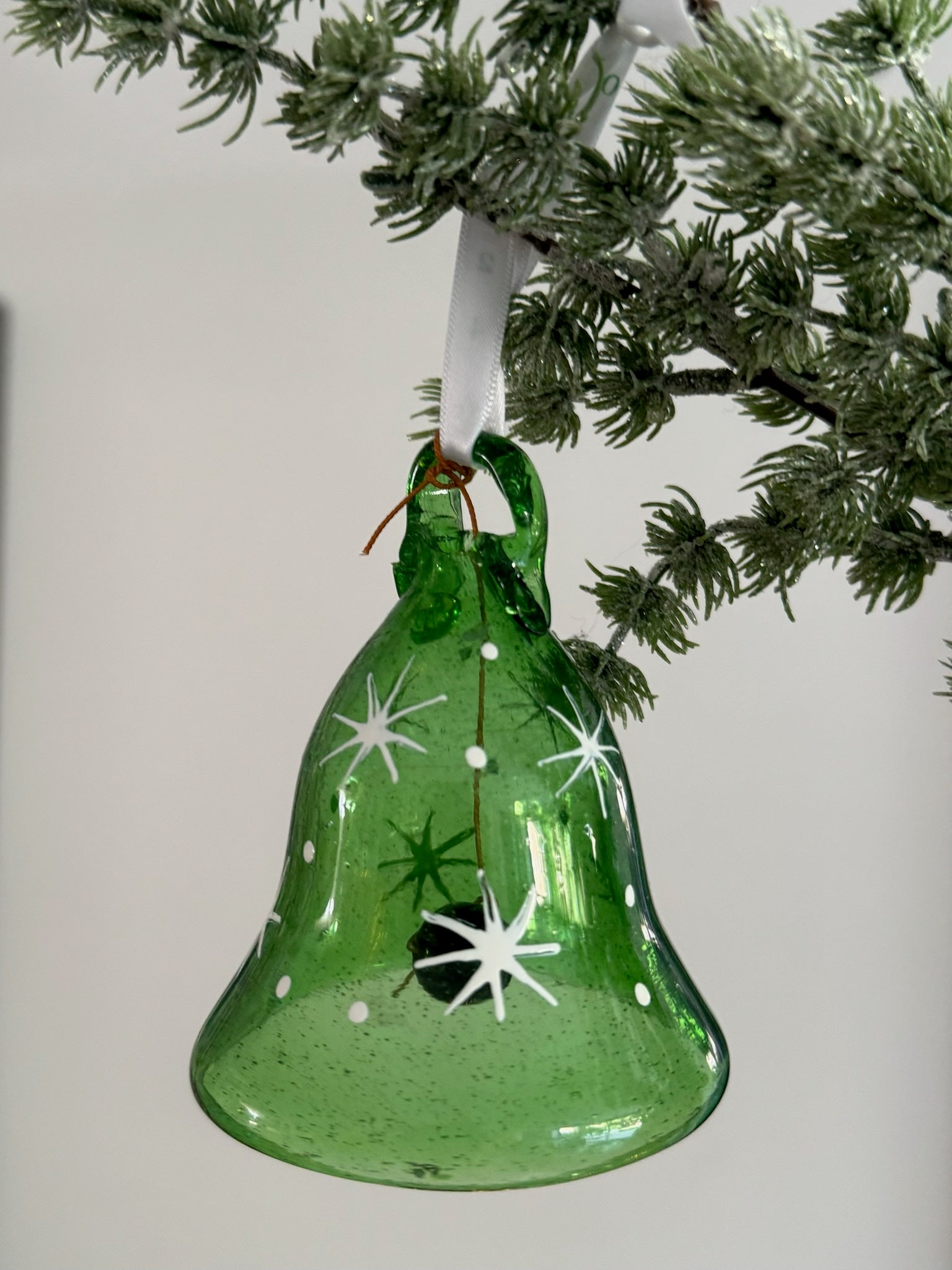 Bethlehem Baubles green glass bell Christmas decoration with glass dong haniging on white ribbon