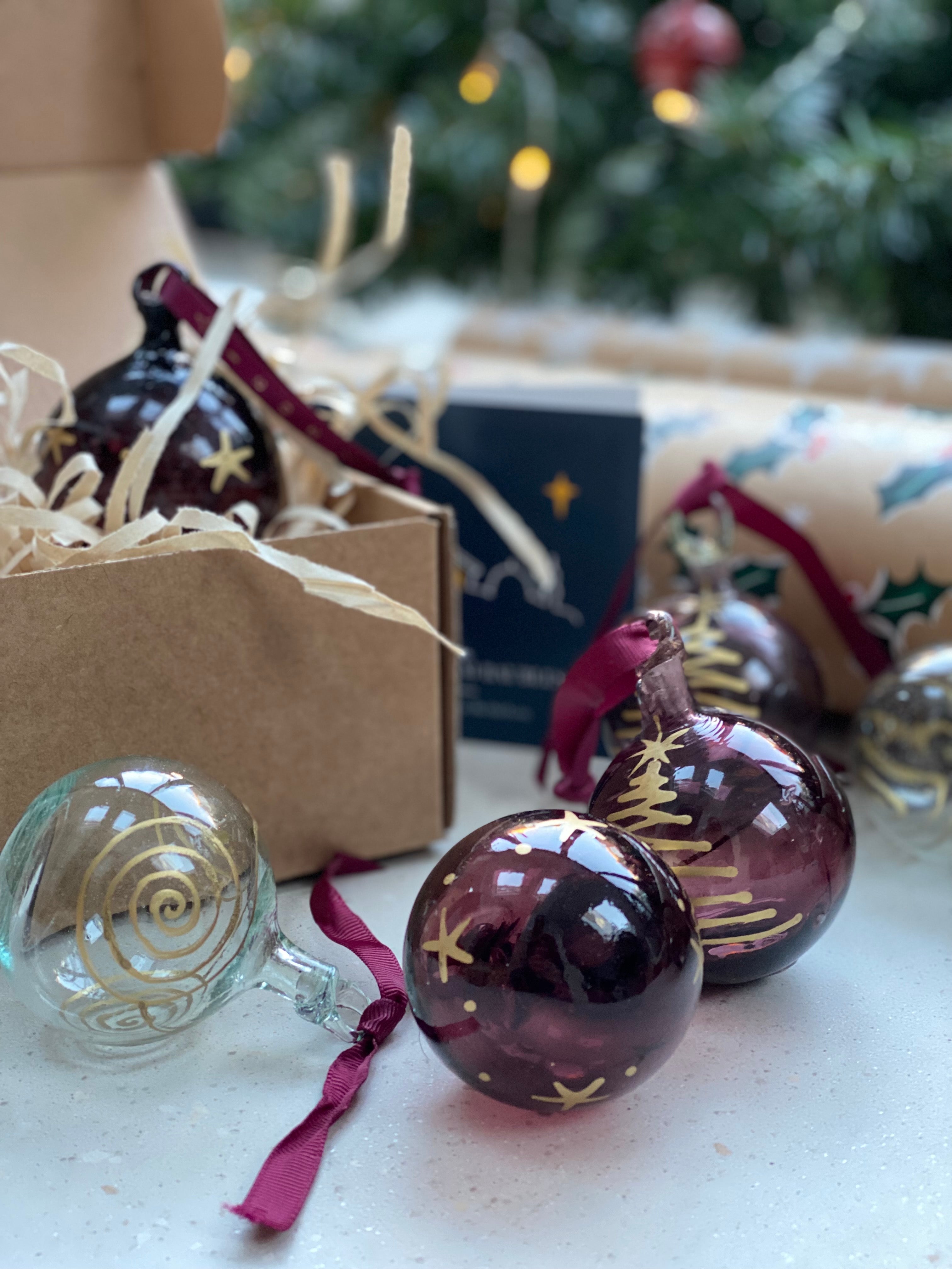Bethlehem Baubles Clear and plum glass  Christmas Decoration with gold squirl and gold ribbon