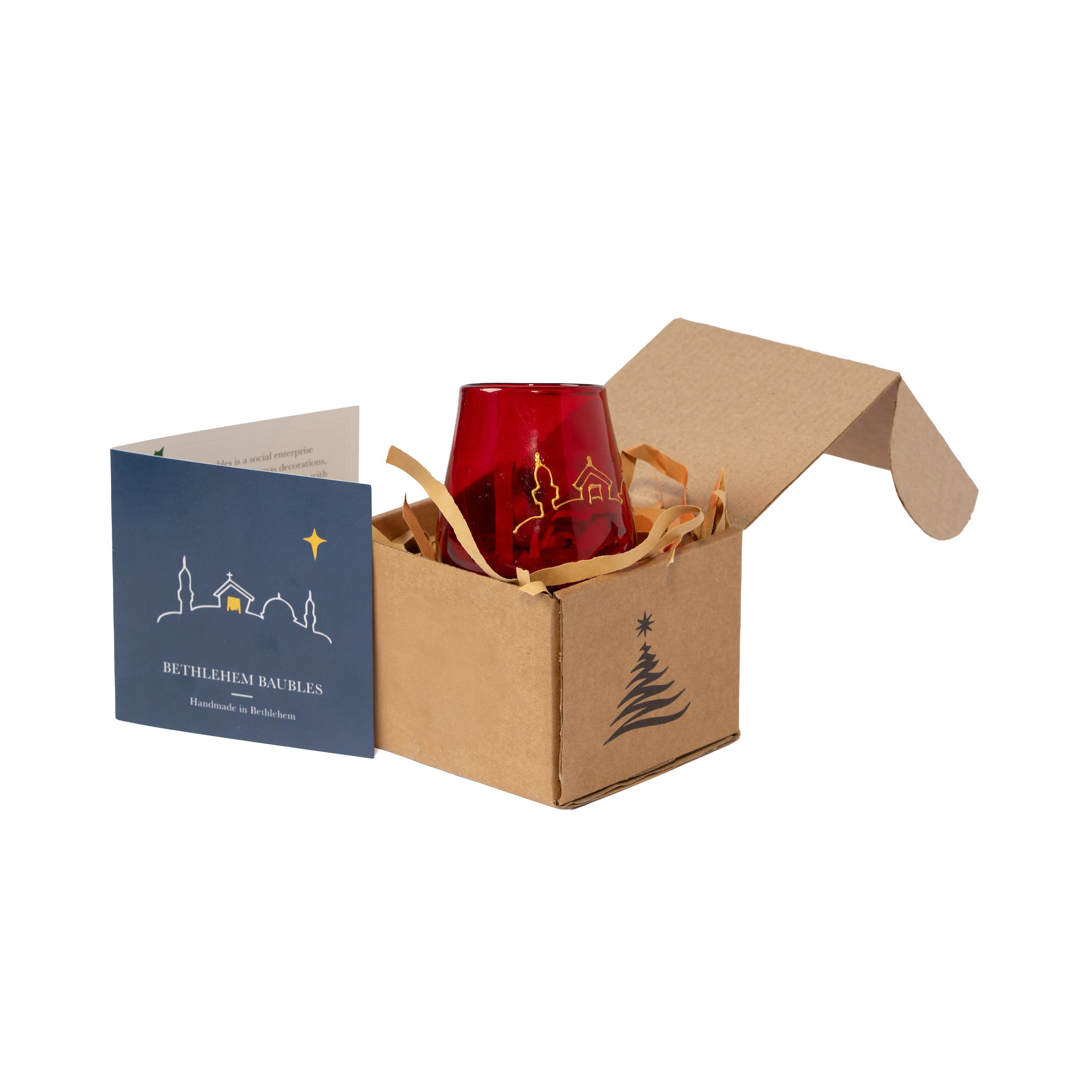 Red and gold tea light with Bethlehem skyline in Bethlehem Baubles box. decoration handmade from recycled glass
