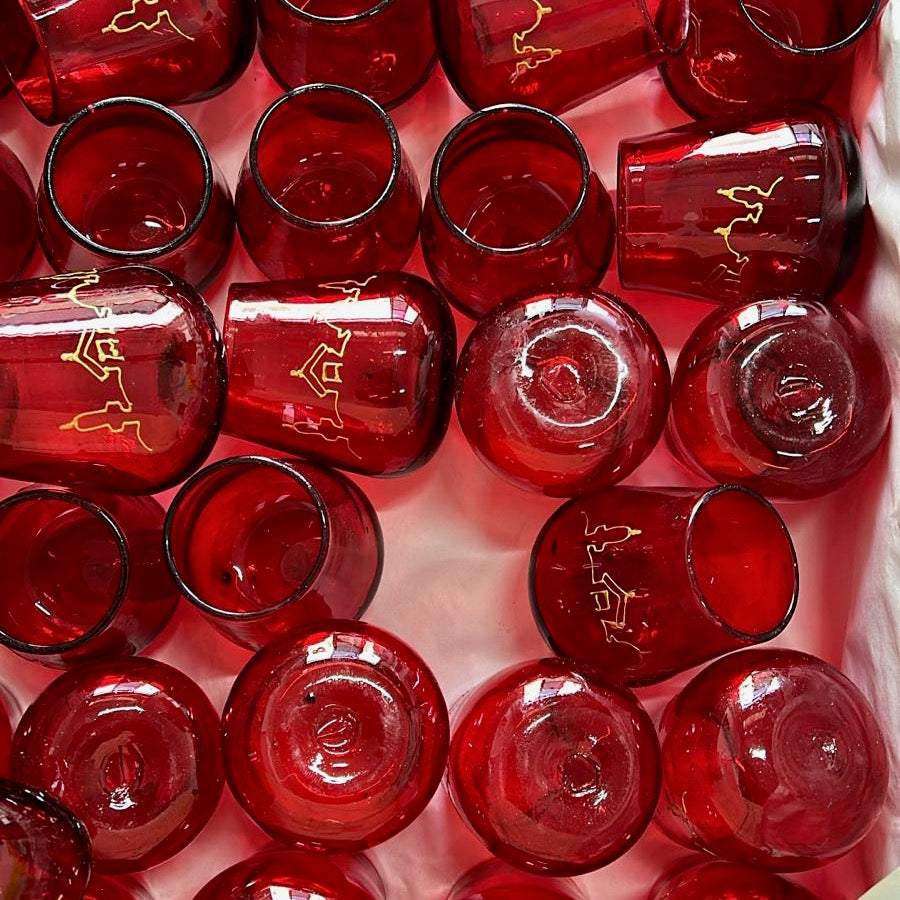 Red recycled glass Bethlehem Baubles tea lights with gold Bethlehem skyline