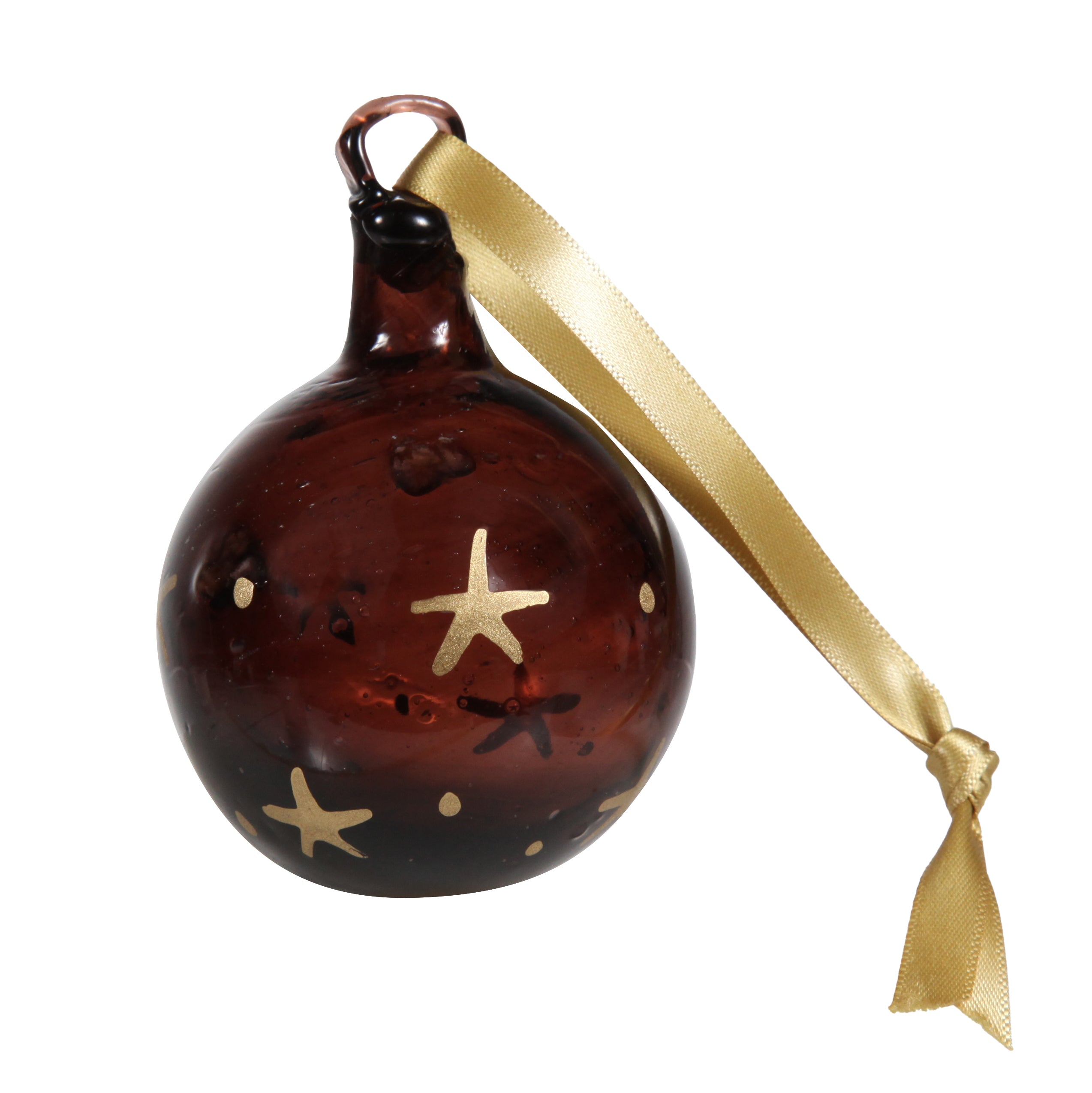 Bethlehem Baubles plum coloured glass bauble painted with gold stars