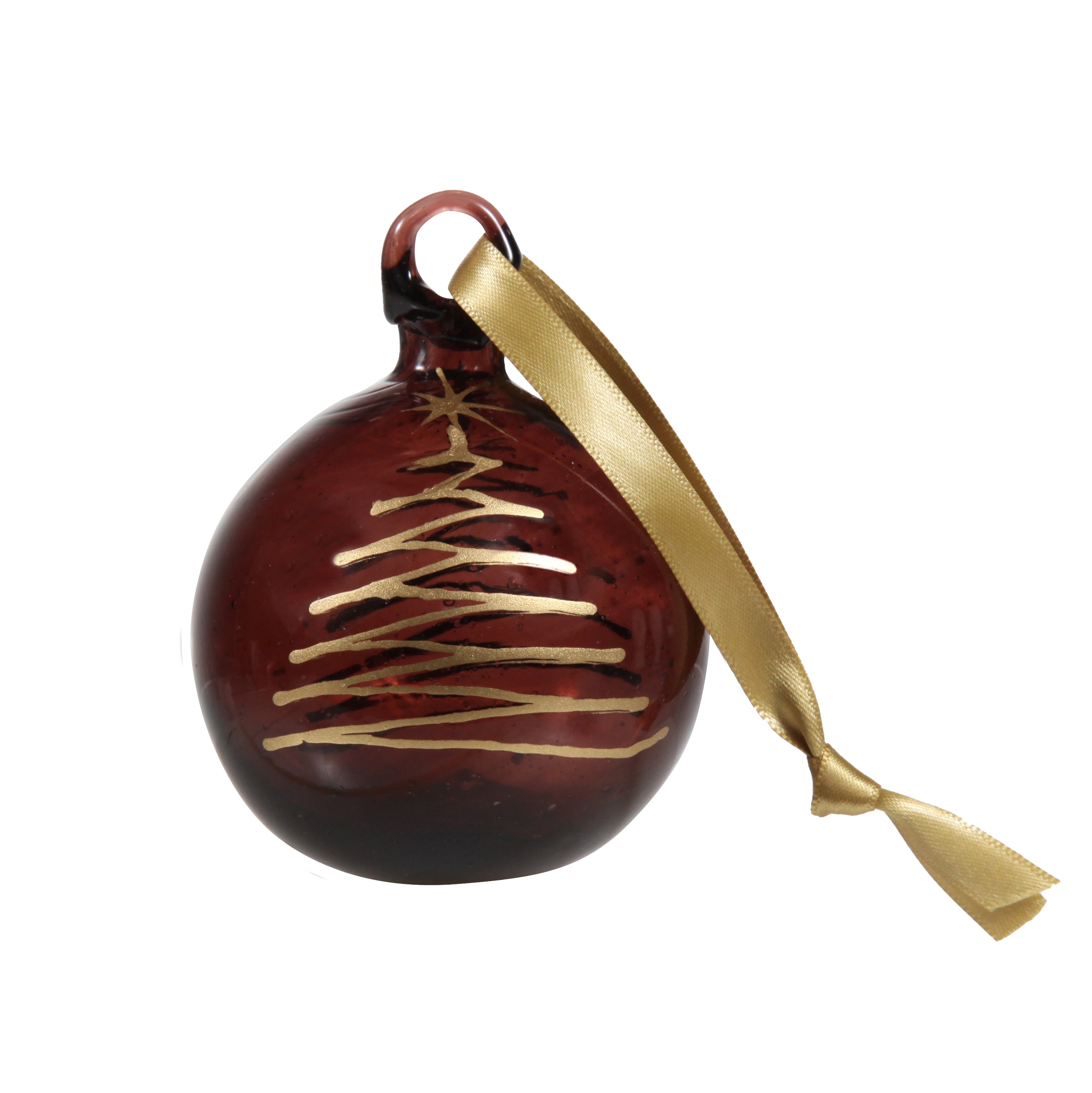 Bethlehem Baubles plum coloured glass bauble painted with gold Christmas tree
