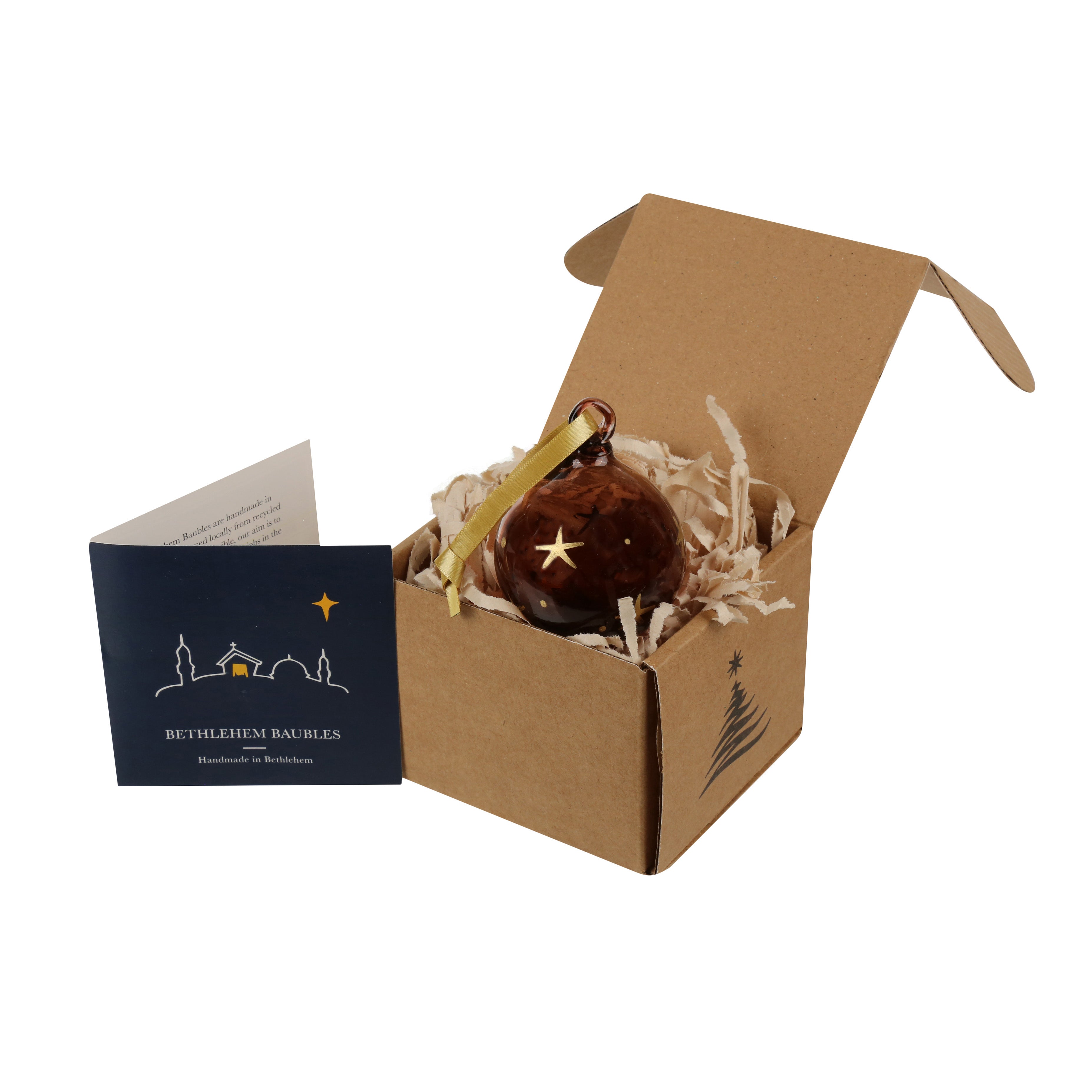 Bethlehem Baubles plum coloured glass bauble painted with gold stars