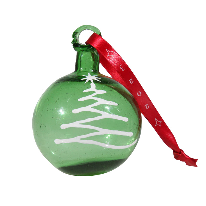 Green Christmas ornament with white tree design, front view