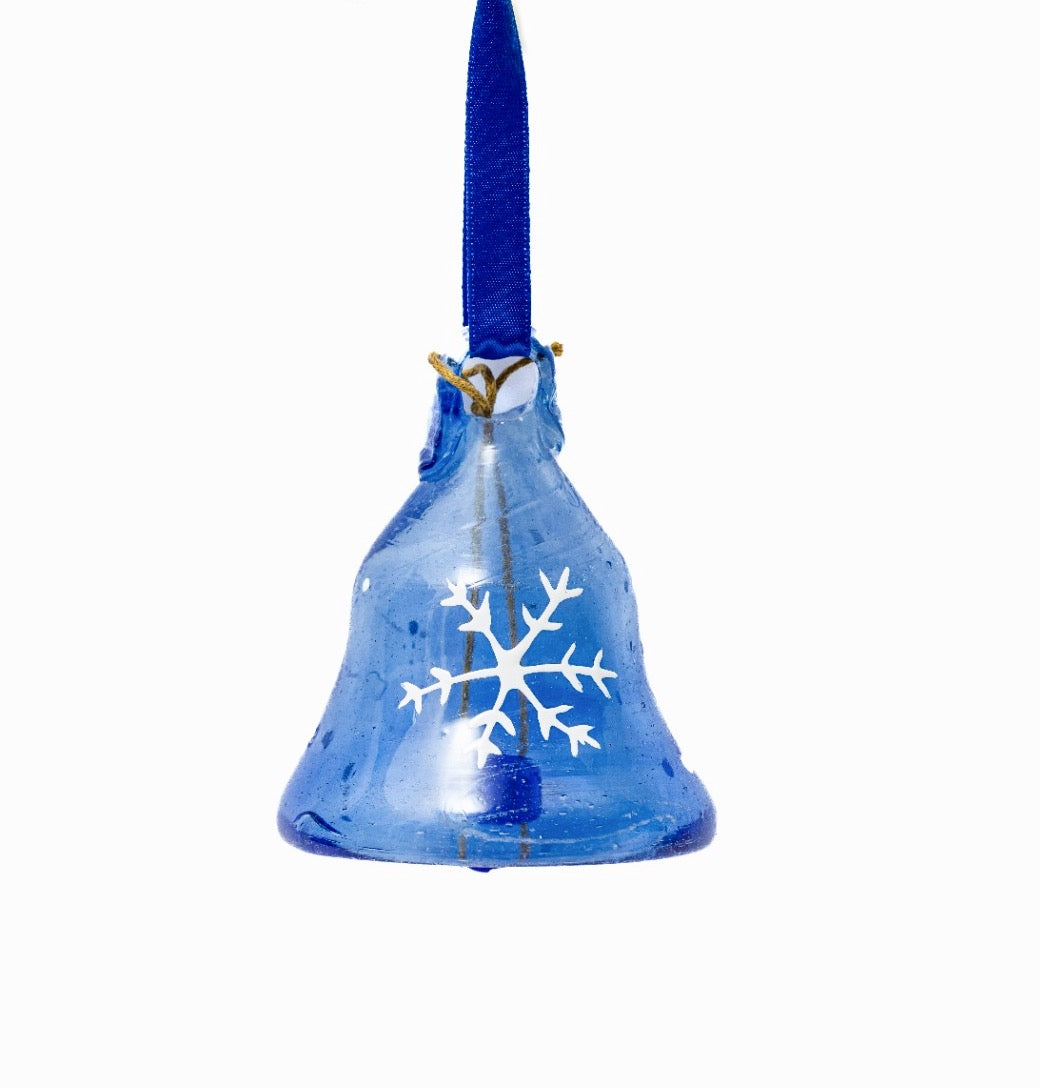 Blue bell Christmas decoration with glass dong in Hebron blue recycled glass.  Painted with white snowflake hanging on blue ribbon.  