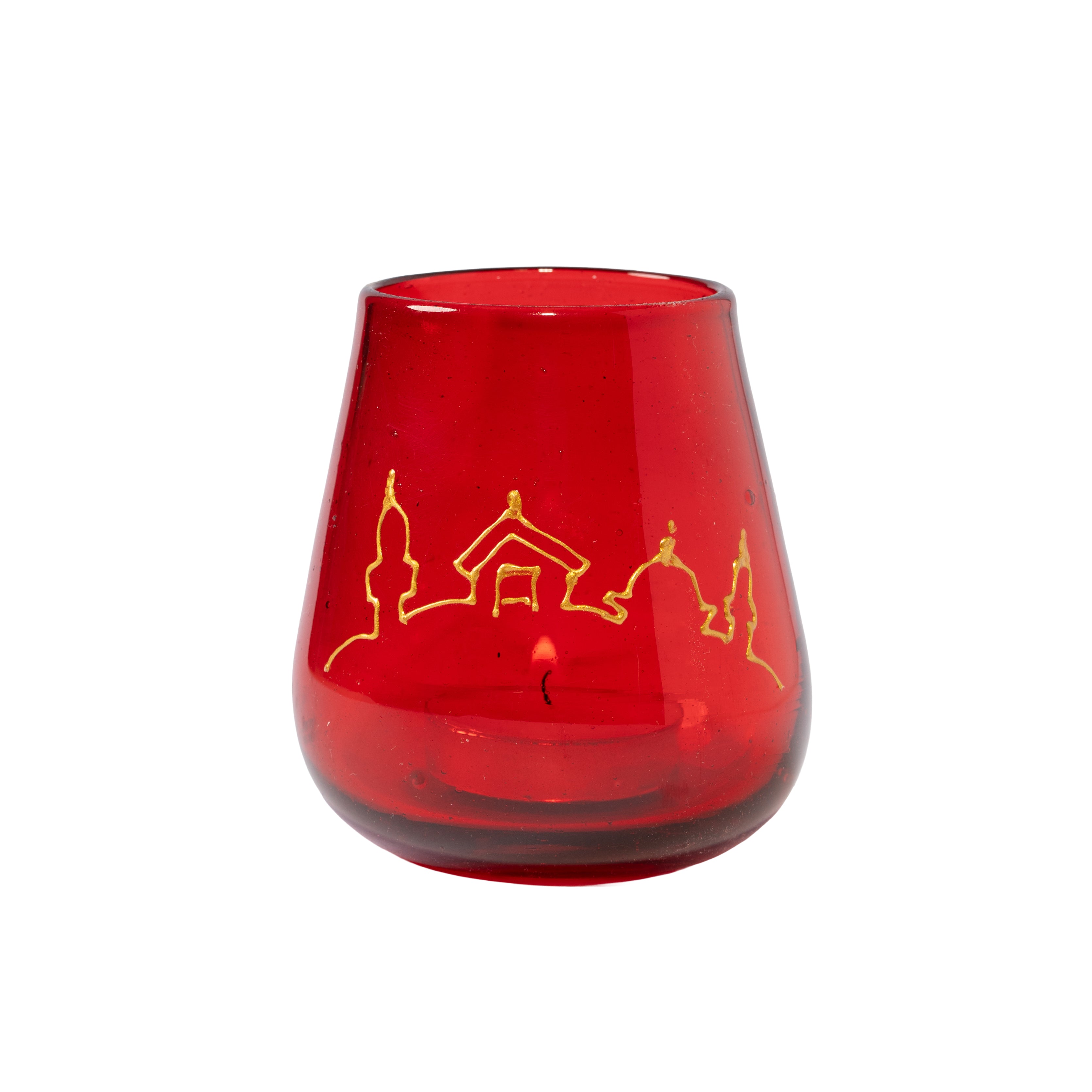 Deep red glass tea light with gold Bethlehem skyline.  made from recycled glass in Bethlehem