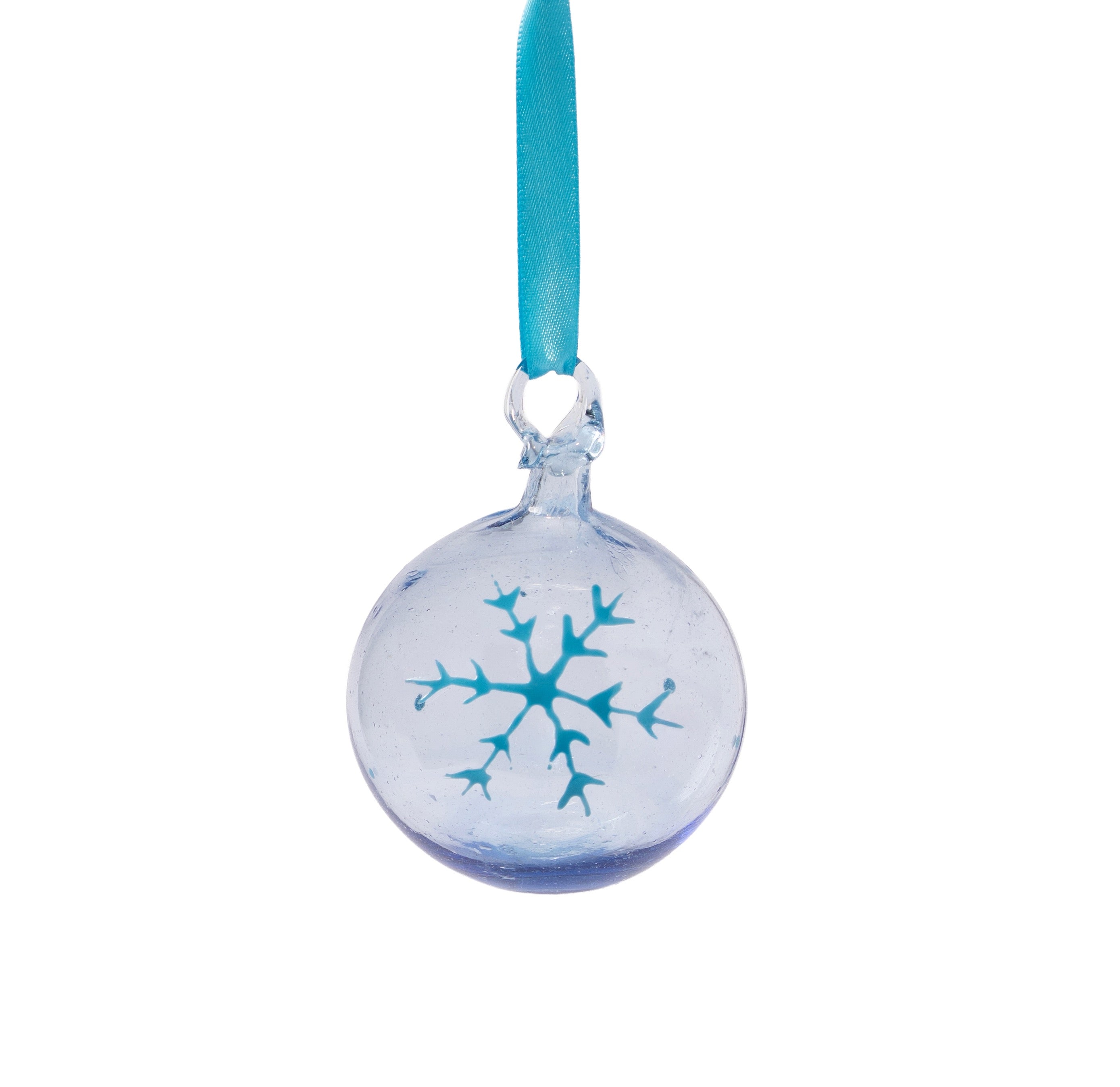 Ice Blue glass Christmas decoration made from recycled glass in Bethlehem.  Blue snowflake painted on glass with blue ribbon