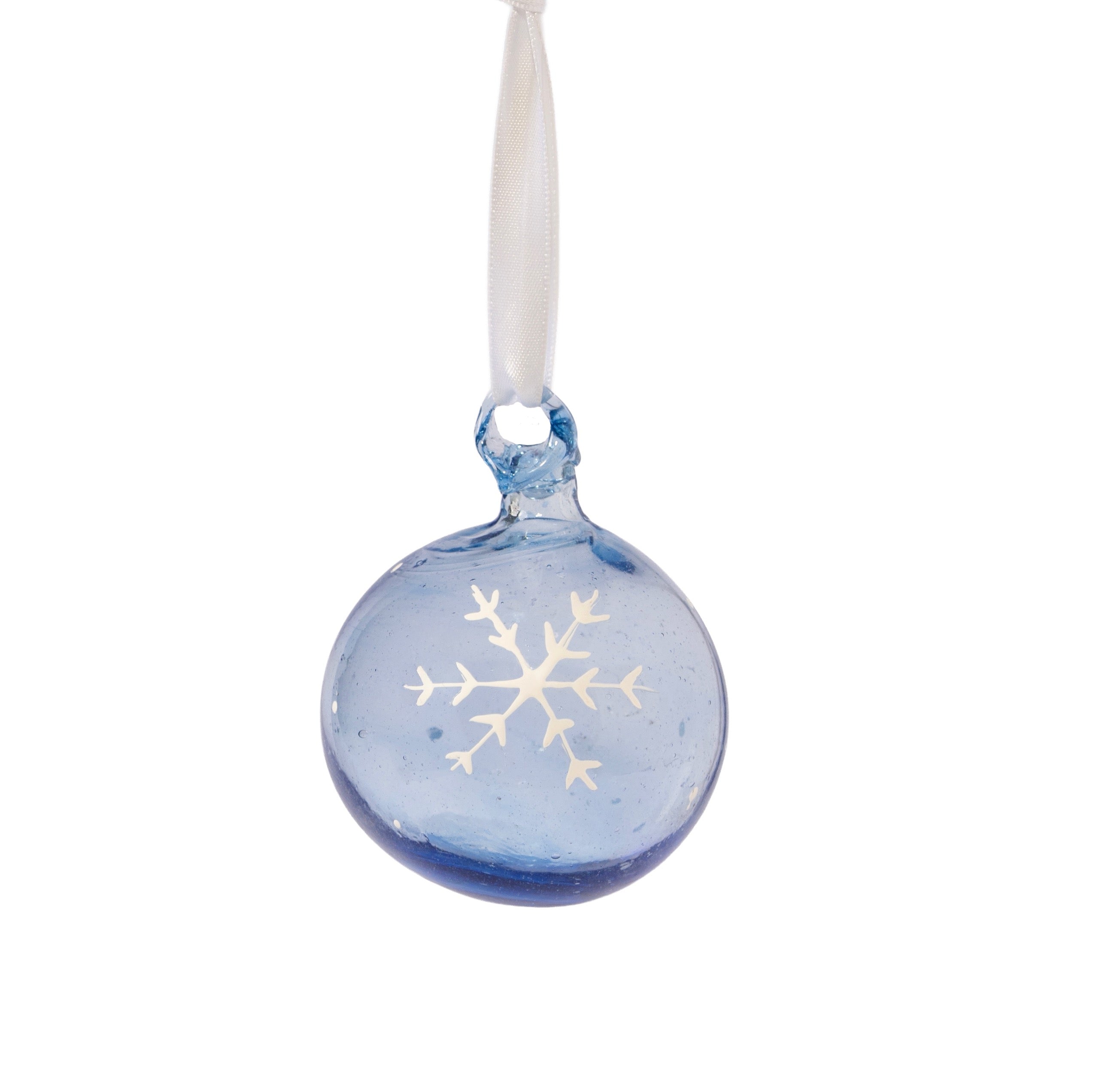 Ice Blue recycled glass Bethlehem Bauble painted with white snowflake hanging on white ribbon