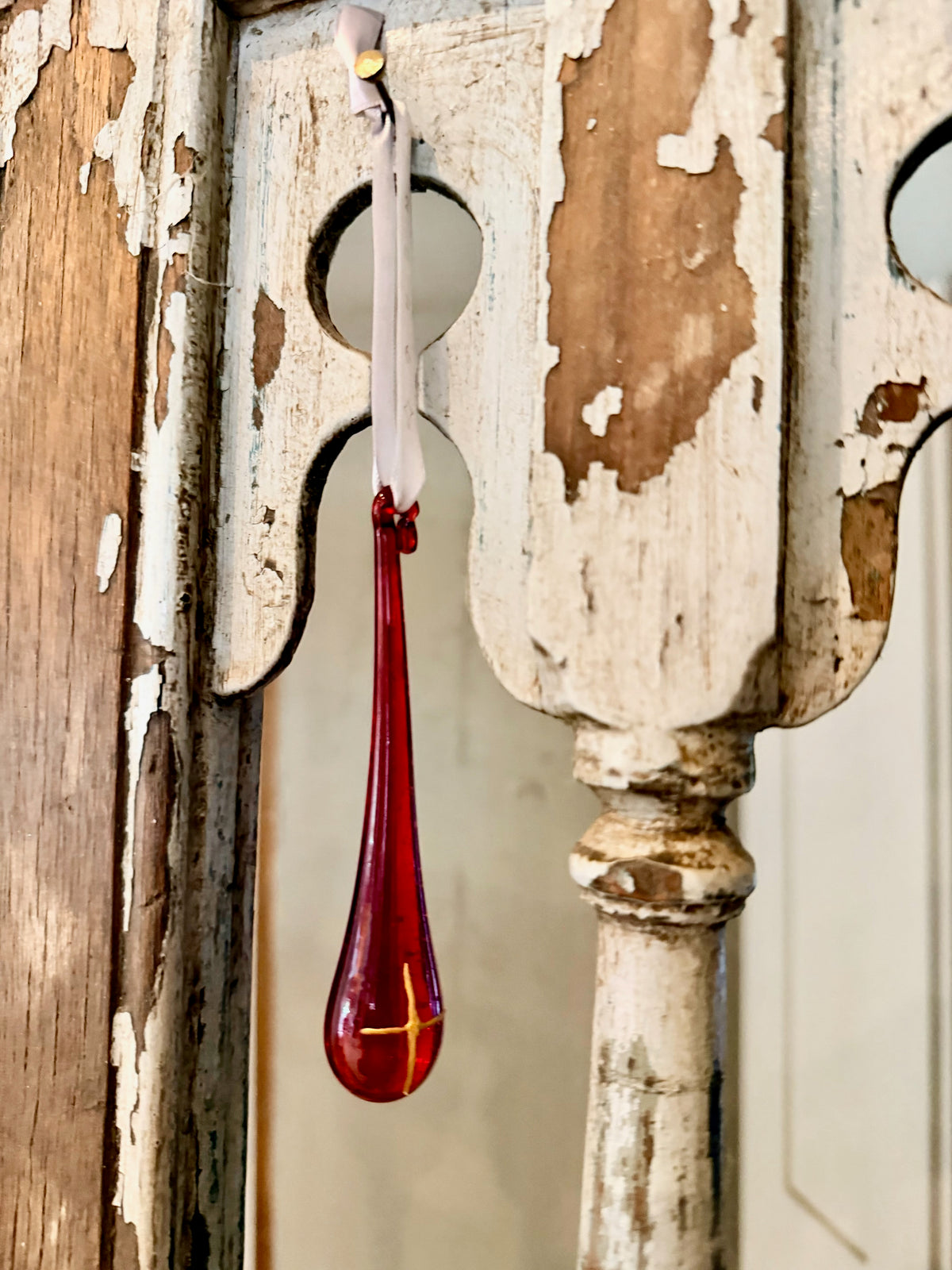 2026 Red with Gold Cross Tear Drop Bauble