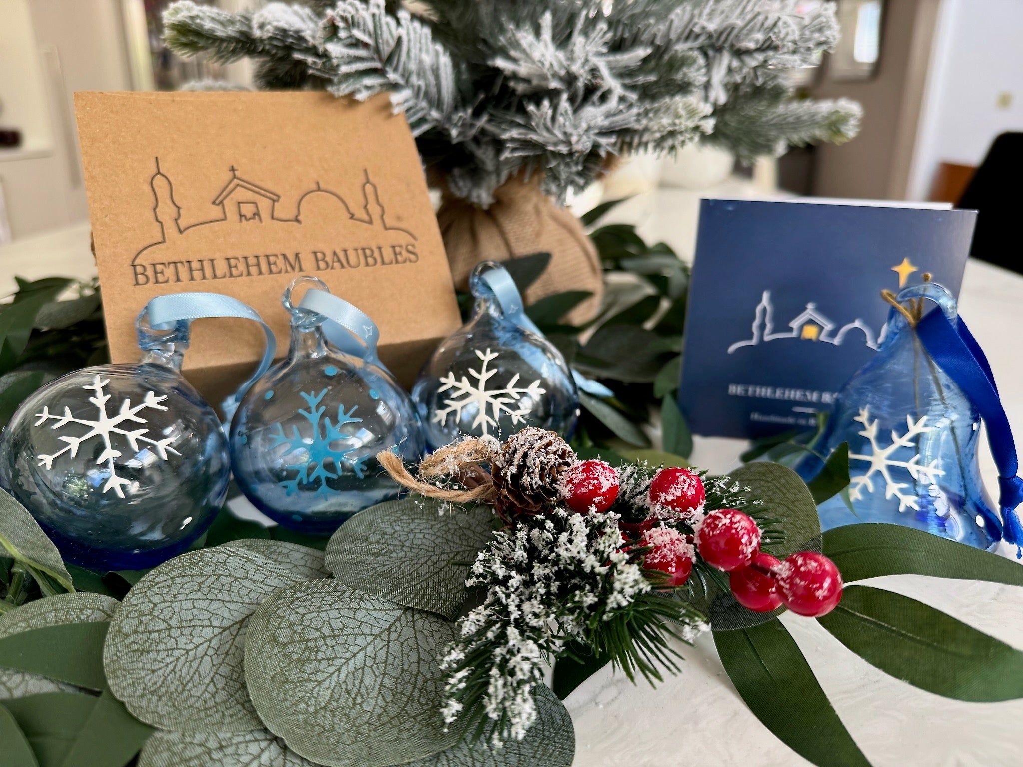 Ice Blue glass bauble with Blue Snowflake