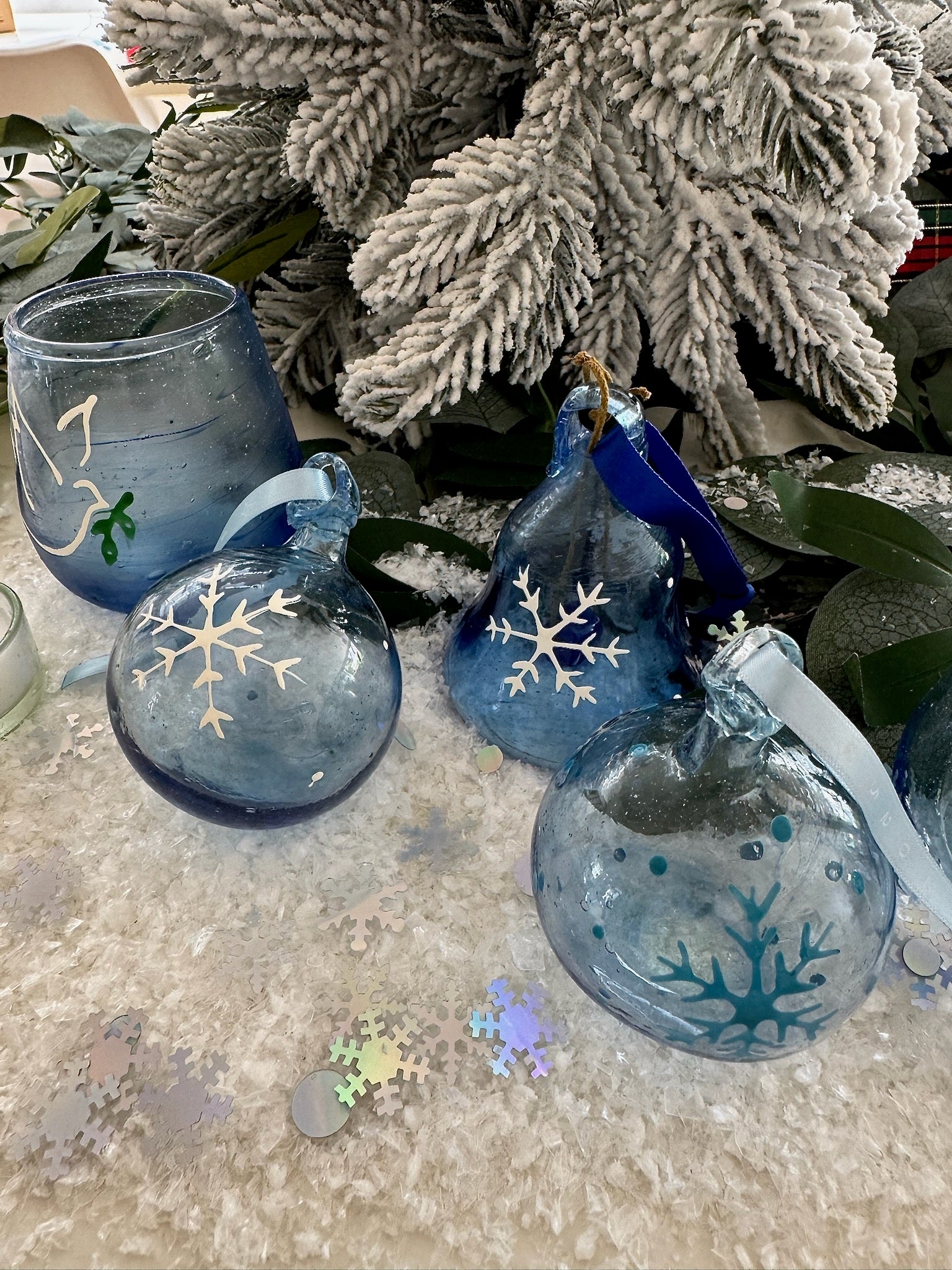 Ice blue glass Christmas decoration with snowflake design made in Bethlehem