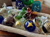 red, clear, green, plum, aubergine, blue, turquoise recycled glass decorations Christmas and easter