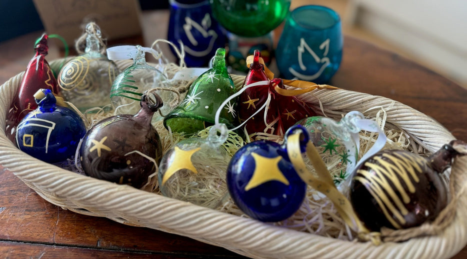 red, clear, green, plum, aubergine, blue, turquoise recycled glass decorations Christmas and easter