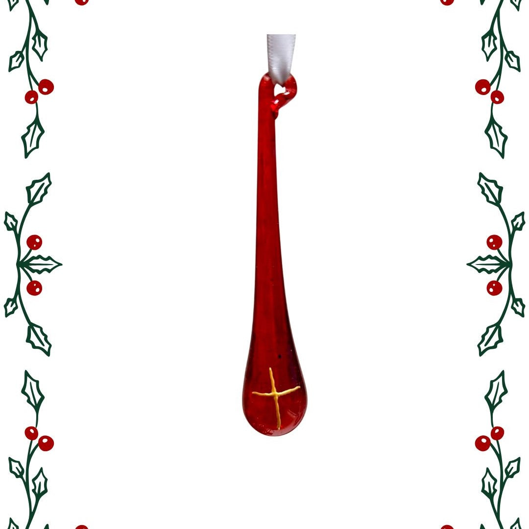 2026 Red with Gold Cross Tear Drop Bauble