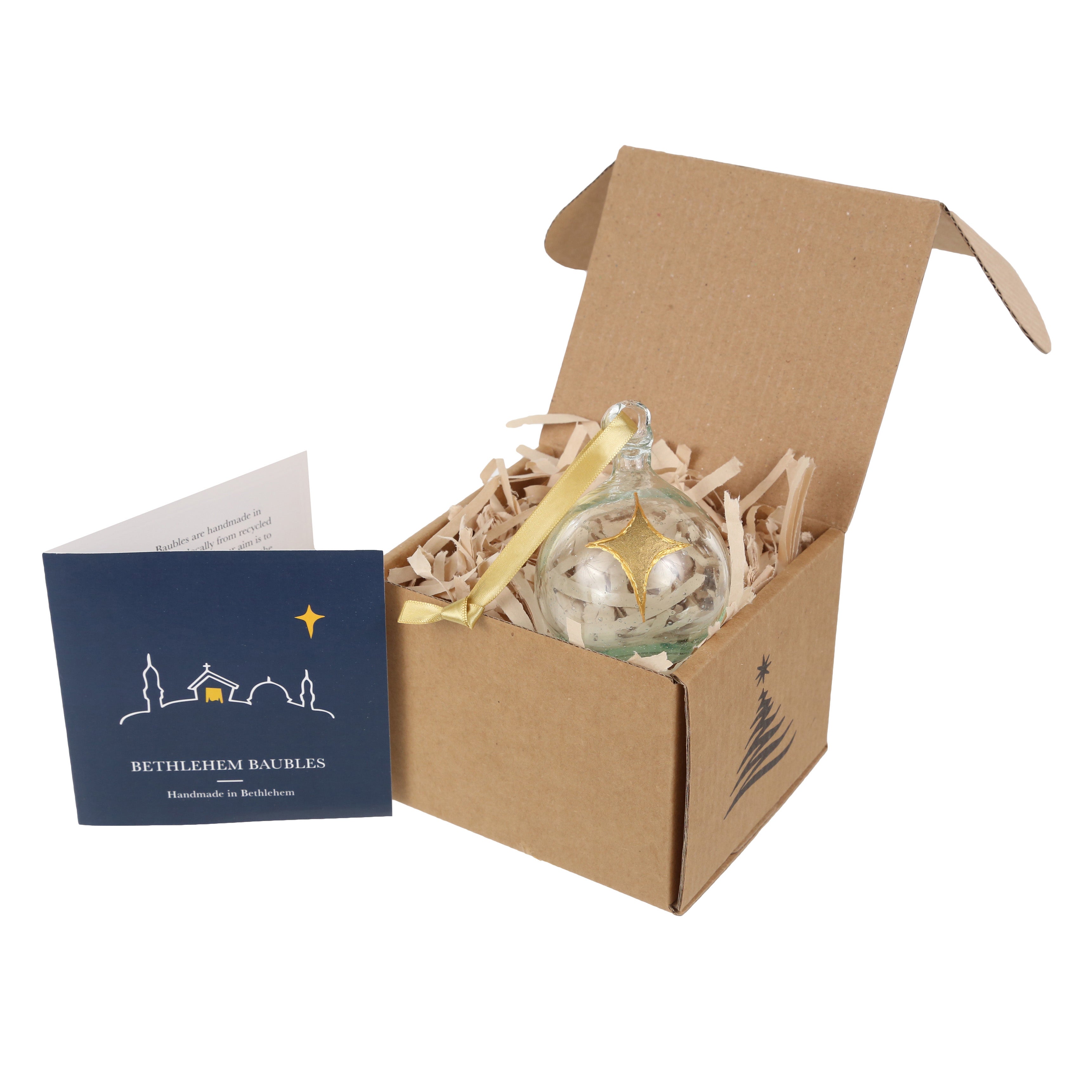 Bethlehem Baubles Clear glass bauble painted with gold Star Christmas Decoration in box